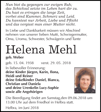Traueranzeige von Helena Mehl von Mitteldeutsche Zeitung