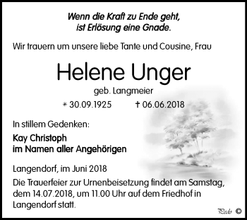 Traueranzeige von Helene Unger von Mitteldeutsche Zeitung Weißenfels