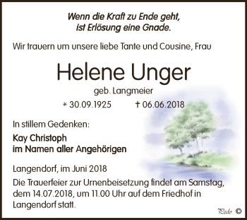 Traueranzeige von Helene Unger von WVG - Wochenspiegel NMB / WSF / ZTZ