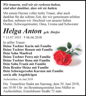 Traueranzeige von Helga Anton von Mitteldeutsche Zeitung Aschersleben