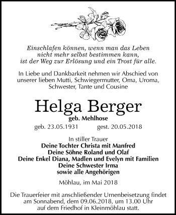 Traueranzeige von Helga Berger von WVG - Wochenspiegel Wittenberg