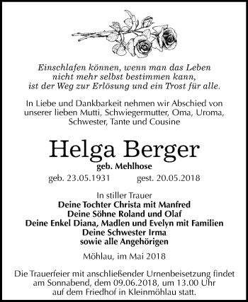 Traueranzeige von Helga Berger von Mitteldeutsche Zeitung