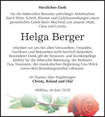 Traueranzeige von Helga Berger von Mitteldeutsche Zeitung