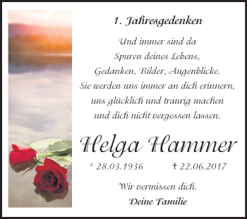 Traueranzeige von Helga Hammer von Mitteldeutsche Zeitung Halle/Saalkreis