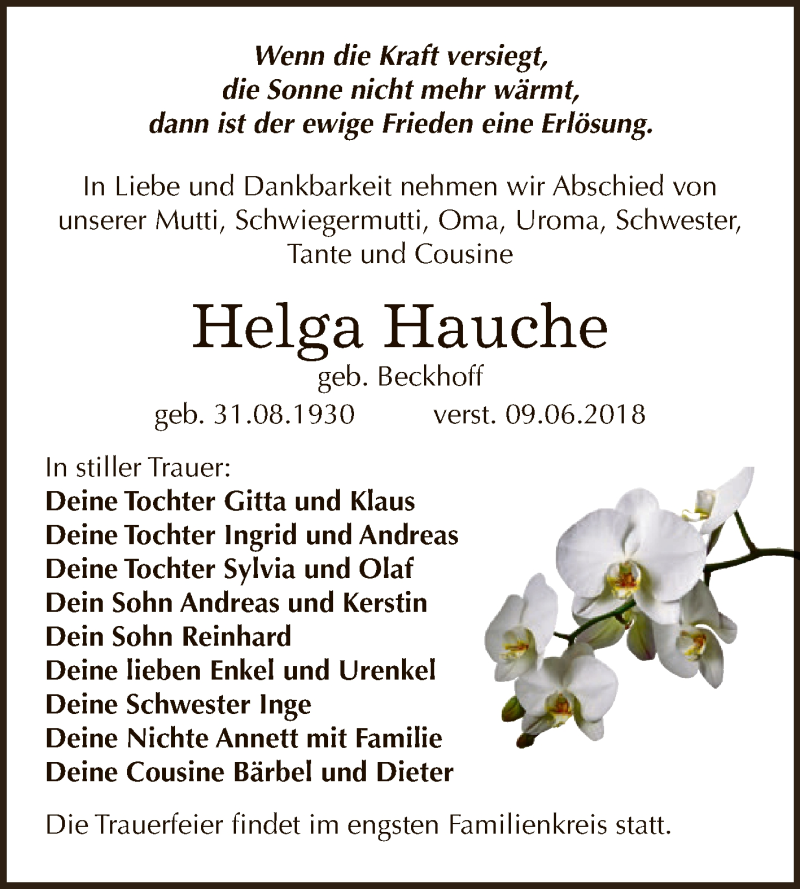  Traueranzeige für Helga Hauche vom 20.06.2018 aus WVG - Wochenspiegel NMB / WSF / ZTZ
