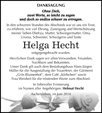 Traueranzeige von Helga Hecht von Mitteldeutsche Zeitung Aschersleben