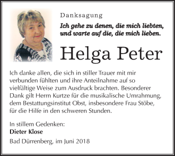 Traueranzeige von Helga Peter von Mitteldeutsche Zeitung Merseburg/Querfurt