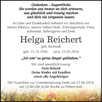 Traueranzeige von Helga Reichert von Mitteldeutsche Zeitung Weißenfels