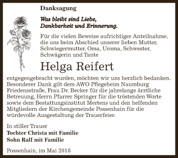 Traueranzeige von Helga Reifert von WVG - Wochenspiegel NMB / WSF / ZTZ