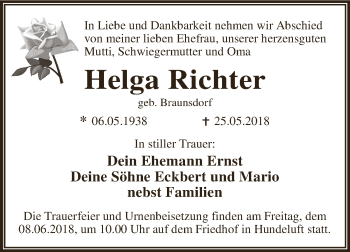 Traueranzeige von Helga Richter von WVG - Wochenspiegel Dessau / Köthen