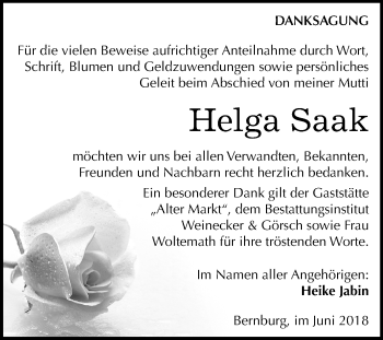 Traueranzeige von Helga Saak von Mitteldeutsche Zeitung Bernburg