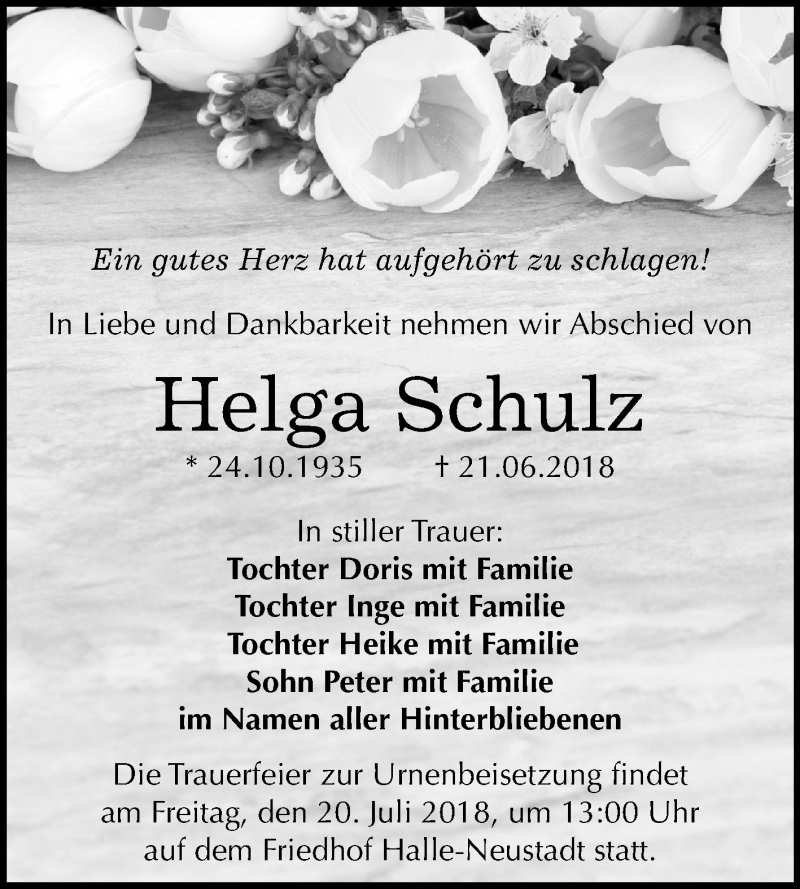  Traueranzeige für Helga Schulz vom 30.06.2018 aus Mitteldeutsche Zeitung Halle/Saalkreis