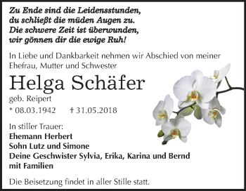Traueranzeige von Helga Schäfer von Mitteldeutsche Zeitung Weißenfels