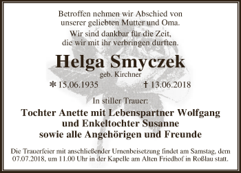 Traueranzeige von Helga Smyczek von WVG - Wochenspiegel Dessau / Köthen