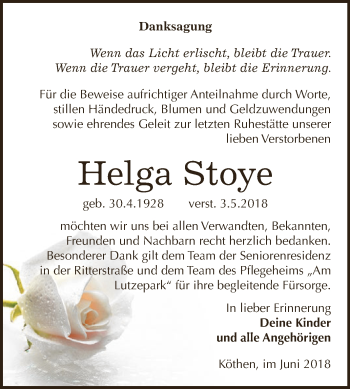 Traueranzeige von Helga Stoye von WVG - Wochenspiegel Dessau / Köthen