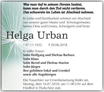 Traueranzeige von Helga Urban von Mitteldeutsche Zeitung Merseburg/Querfurt