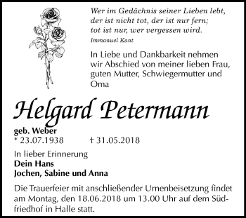 Traueranzeige von Helgard Petermann von Mitteldeutsche Zeitung Halle/Saalkreis