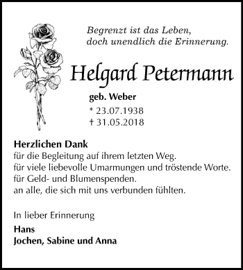 Traueranzeige von Helgard Petermann von Mitteldeutsche Zeitung Halle/Saalkreis