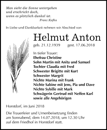 Traueranzeige von Helmut Anton von Mitteldeutsche Zeitung