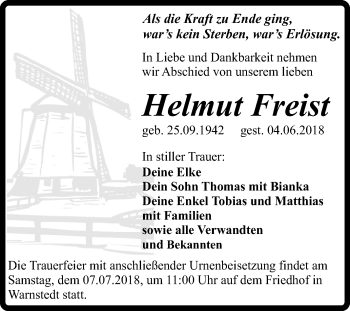 Traueranzeige von Helmut Freist von Mitteldeutsche Zeitung Quedlinburg