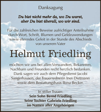 Traueranzeige von Helmut Friedling von Super Sonntag SGH Mansf. Land
