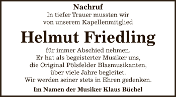 Traueranzeige von Helmut Friedling von Super Sonntag SGH Mansf. Land