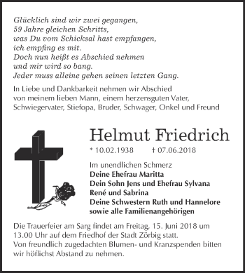 Traueranzeige von Helmut Friedrich von WVG - Wochenspiegel Bitterfeld