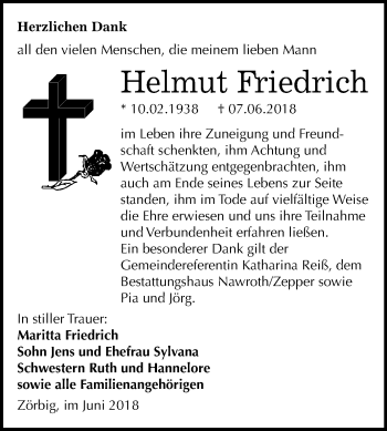 Traueranzeige von Helmut Friedrich von Mitteldeutsche Zeitung Bitterfeld