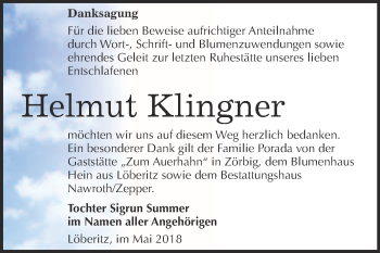 Traueranzeige von Helmut Klingner von WVG - Wochenspiegel Bitterfeld