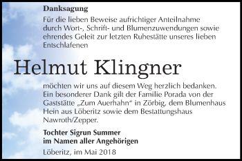 Traueranzeige von Helmut Klingner von Mitteldeutsche Zeitung Bitterfeld