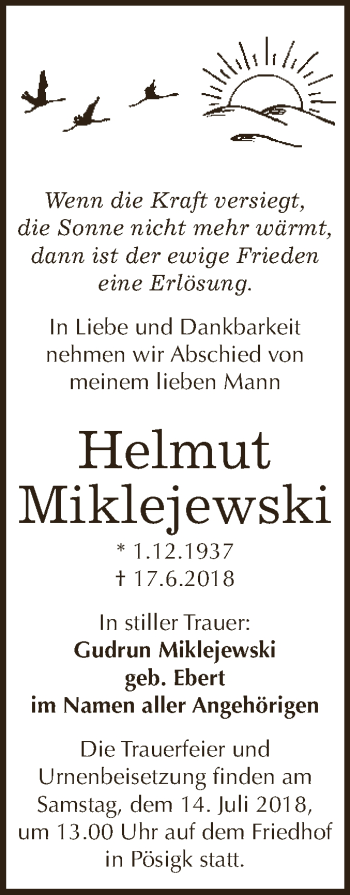 Traueranzeige von Helmut Miklejewski von WVG - Wochenspiegel Dessau / Köthen