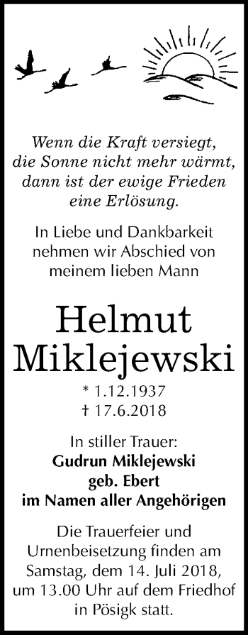 Traueranzeige von Helmut Miklejewski von Mitteldeutsche Zeitung