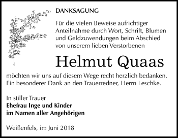 Traueranzeige von Helmut Quaas von Mitteldeutsche Zeitung Weißenfels
