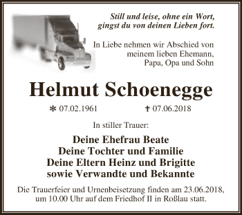 Traueranzeige von Helmut Schoenegge von WVG - Wochenspiegel Dessau / Köthen