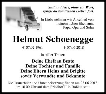 Traueranzeige von Helmut Schoenegge von Mitteldeutsche Zeitung Dessau-Roßlau