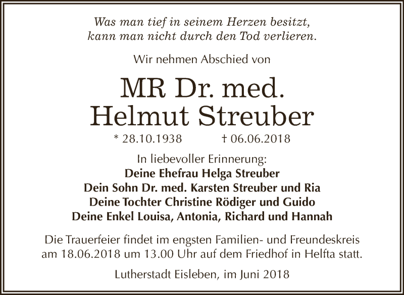  Traueranzeige für Helmut Streuber vom 13.06.2018 aus Wochenspiegel Mansfelder Land