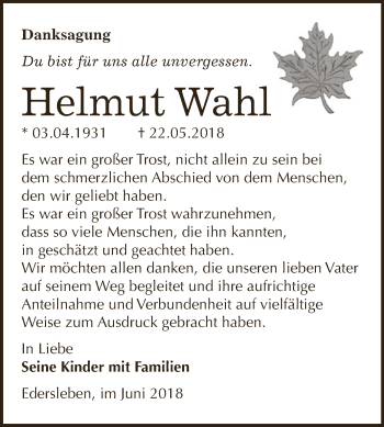 Traueranzeige von Helmut Wahl von Super Sonntag SGH Mansf. Land