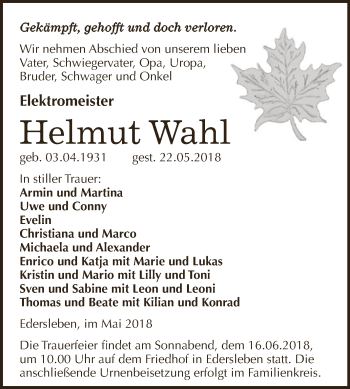 Traueranzeige von Helmut Wahl von Super Sonntag SGH Mansf. Land
