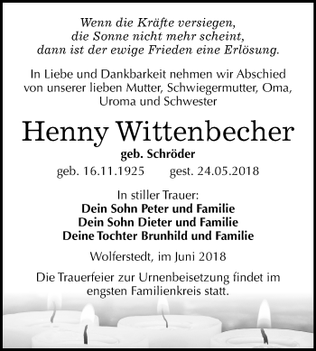 Traueranzeige von Henny Wittenbecher von Mitteldeutsche Zeitung Sangerhausen