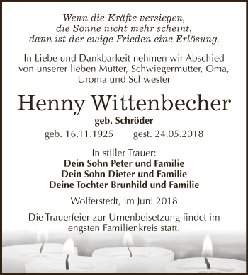 Traueranzeige von Henny Wittenbecher von Super Sonntag SGH Mansf. Land