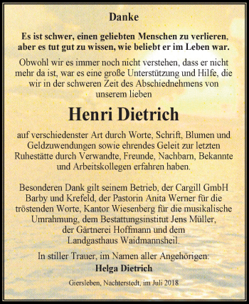 Traueranzeige von Henri Dietrich von Mitteldeutsche Zeitung Aschersleben