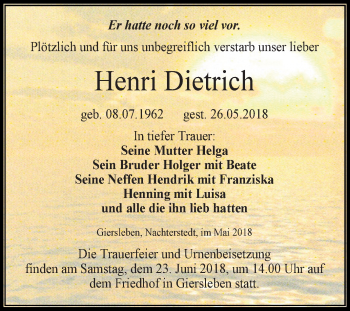 Traueranzeige von Henri Dietrich von Mitteldeutsche Zeitung Aschersleben