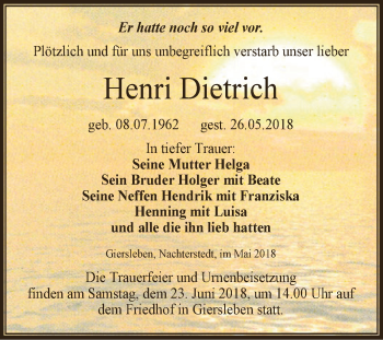 Traueranzeige von Henri Dietrich von Super Sonntag Aschersleben