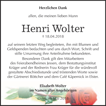 Traueranzeige von Henri Wolter von WVG - Wochenspiegel Wittenberg