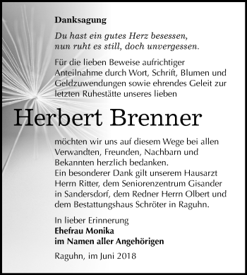 Traueranzeige von Herbert Brenner von Mitteldeutsche Zeitung Bitterfeld
