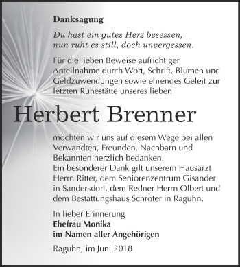 Traueranzeige von Herbert Brenner von WVG - Wochenspiegel Bitterfeld
