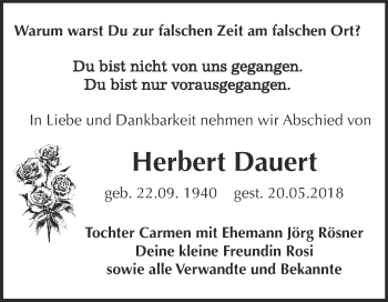 Traueranzeige von Herbert Dauert von Super Sonntag Wittenberg