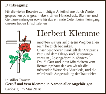 Traueranzeige von Herbert Klemme von WVG - Wochenspiegel Dessau / Köthen