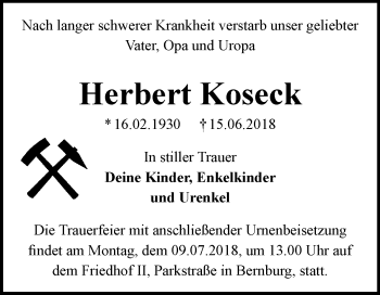 Traueranzeige von Herbert Koseck von Mitteldeutsche Zeitung Bernburg