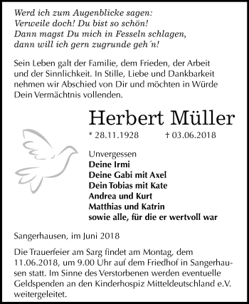 Traueranzeige von Herbert Müller von Mitteldeutsche Zeitung Sangerhausen